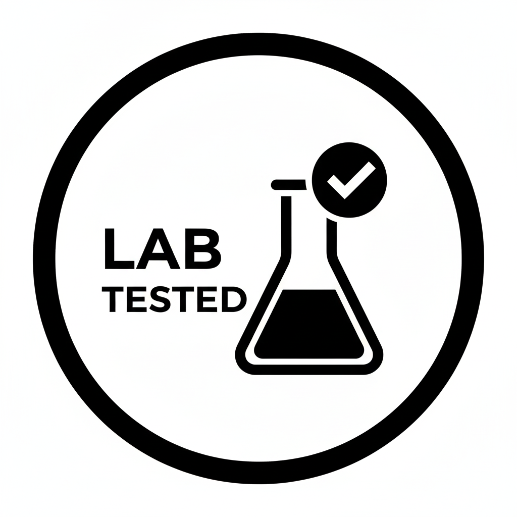 Icon confirming product has been thoroughly lab tested for safety, quality, and efficacy using a minimalist beaker and magnifying glass design.