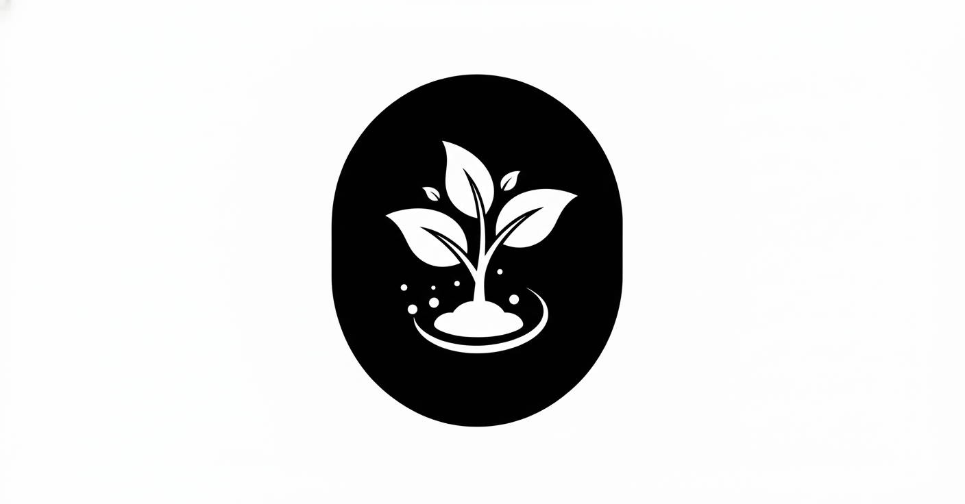 botanical leaf emerging from a lab beaker inside a solid black circle.