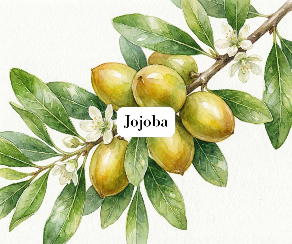 Detailed watercolor illustration of a fresh jojoba plant with green foliage