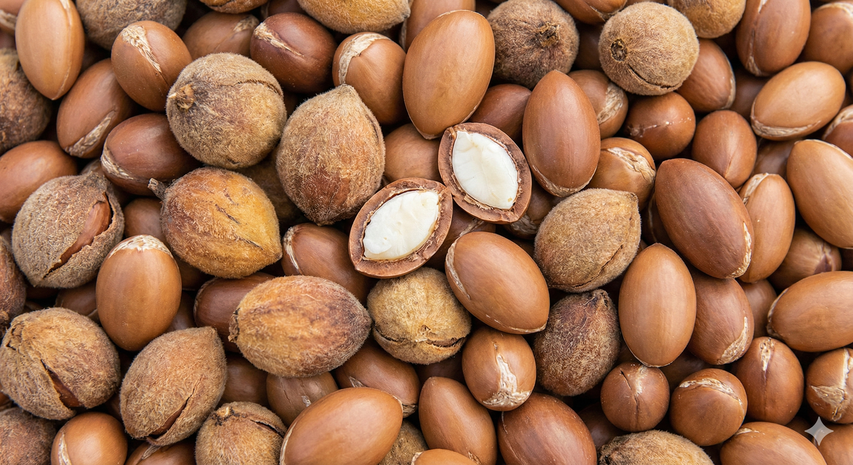 Close-up of argan nuts with a few cracked open to reveal white flesh.