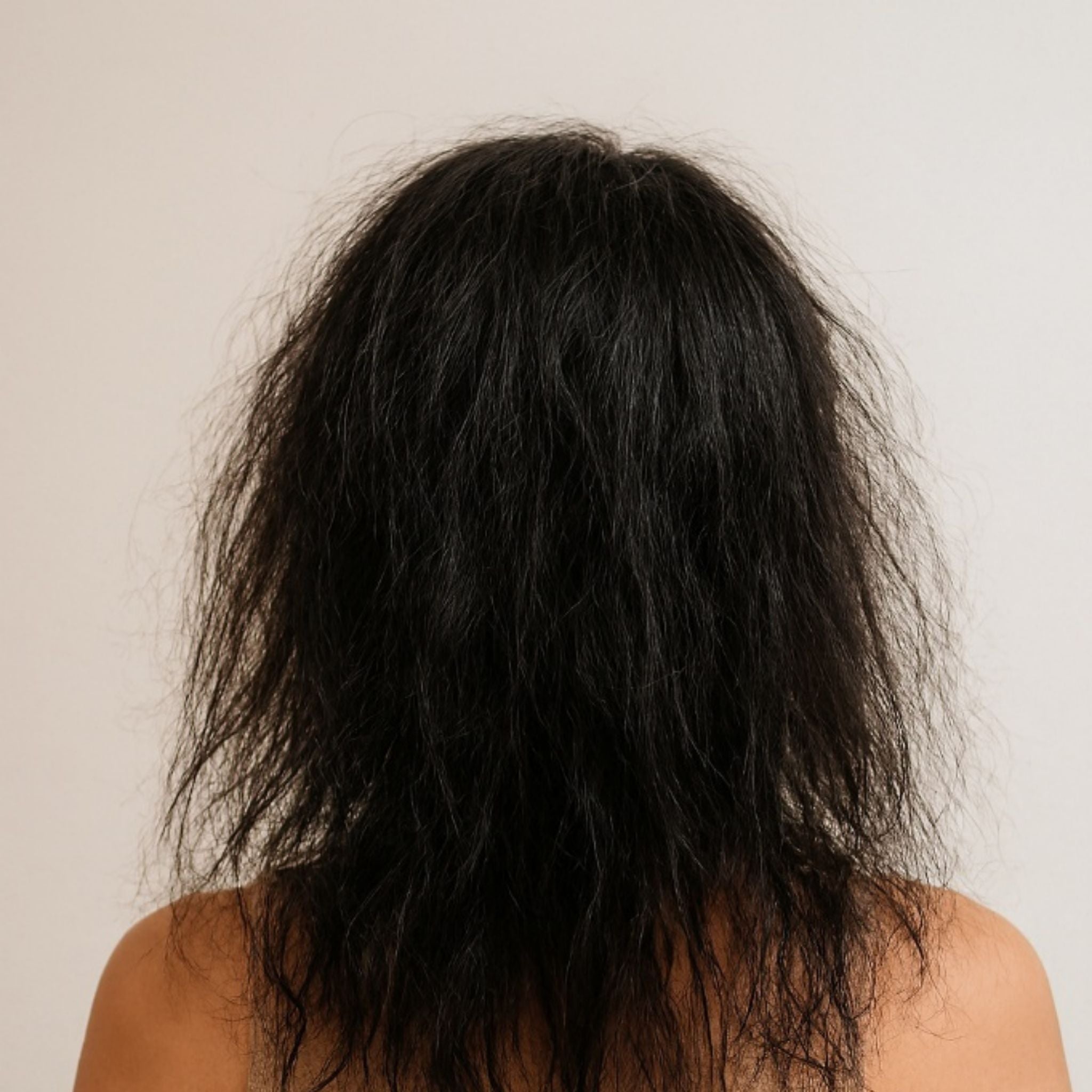back view of a women showcasing the before case of using the oil, hair is dry, frizzy, dull