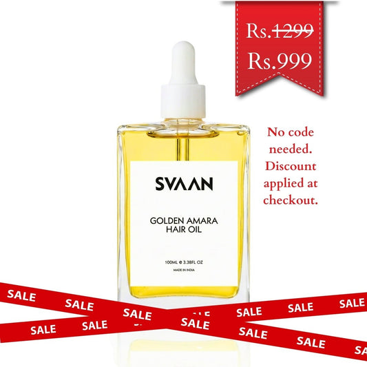 Golden Amara Hair Oil - SVAAN with text no code needed. discount applied at checkout. And the price striked from 1299 to 999rs.